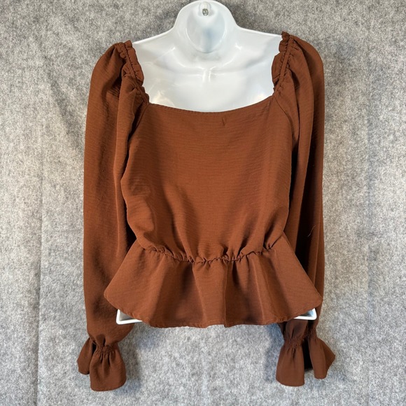 Altar'd State Brown Ruched‎ Long Sleeve Peplum Top Size M Peasant Forest Fairy - Picture 2 of 8